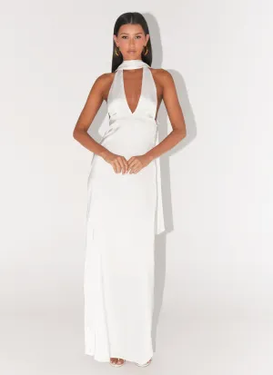 Soft Draping Alicia Satin Halter Maxi Dress - White