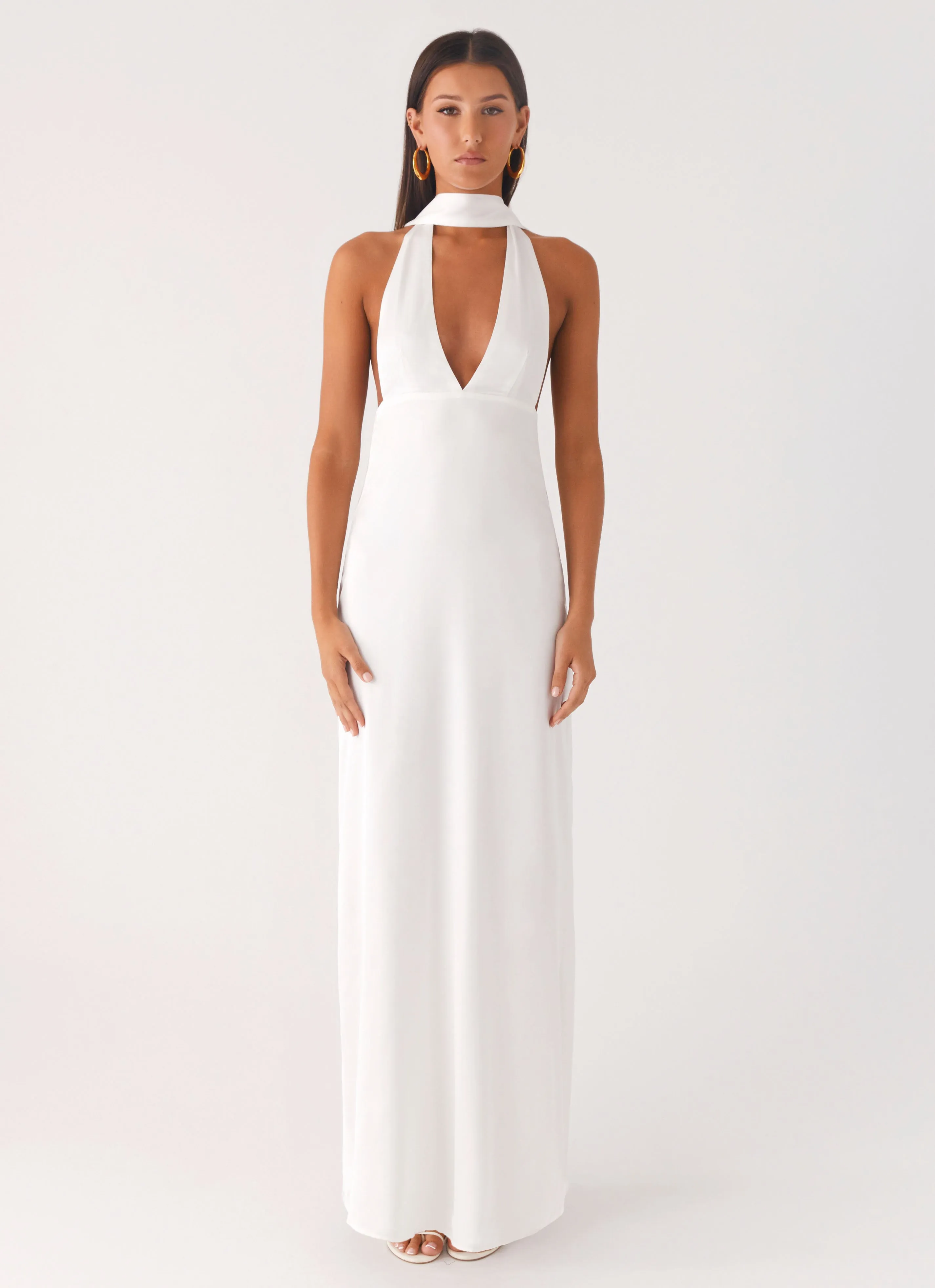 Alicia Satin Halter Maxi Dress - White Work or Play