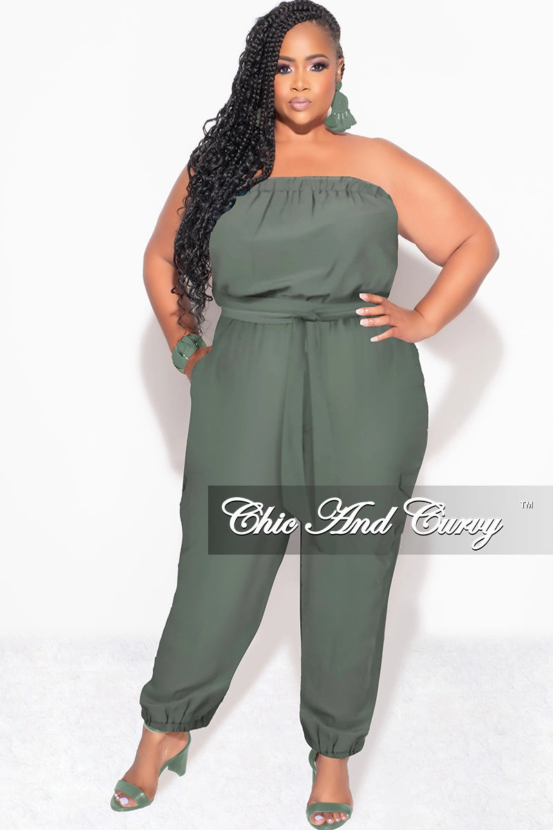 Sport Flex Trendy Layering Final Sale Plus Size Strapless Jumpsuit with Tie in Olive