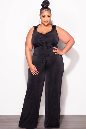 Anti Pilling Textile Layered Comfort Final Sale Plus Size 2pc Set Crop Top and Pants in Black