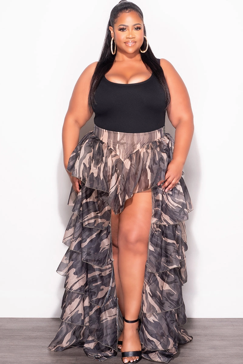Final Sale Plus Size Chiffon High/Low Ruffle Tiered Skirt in Camouflage Print Contrast Trim NonChafingEdges