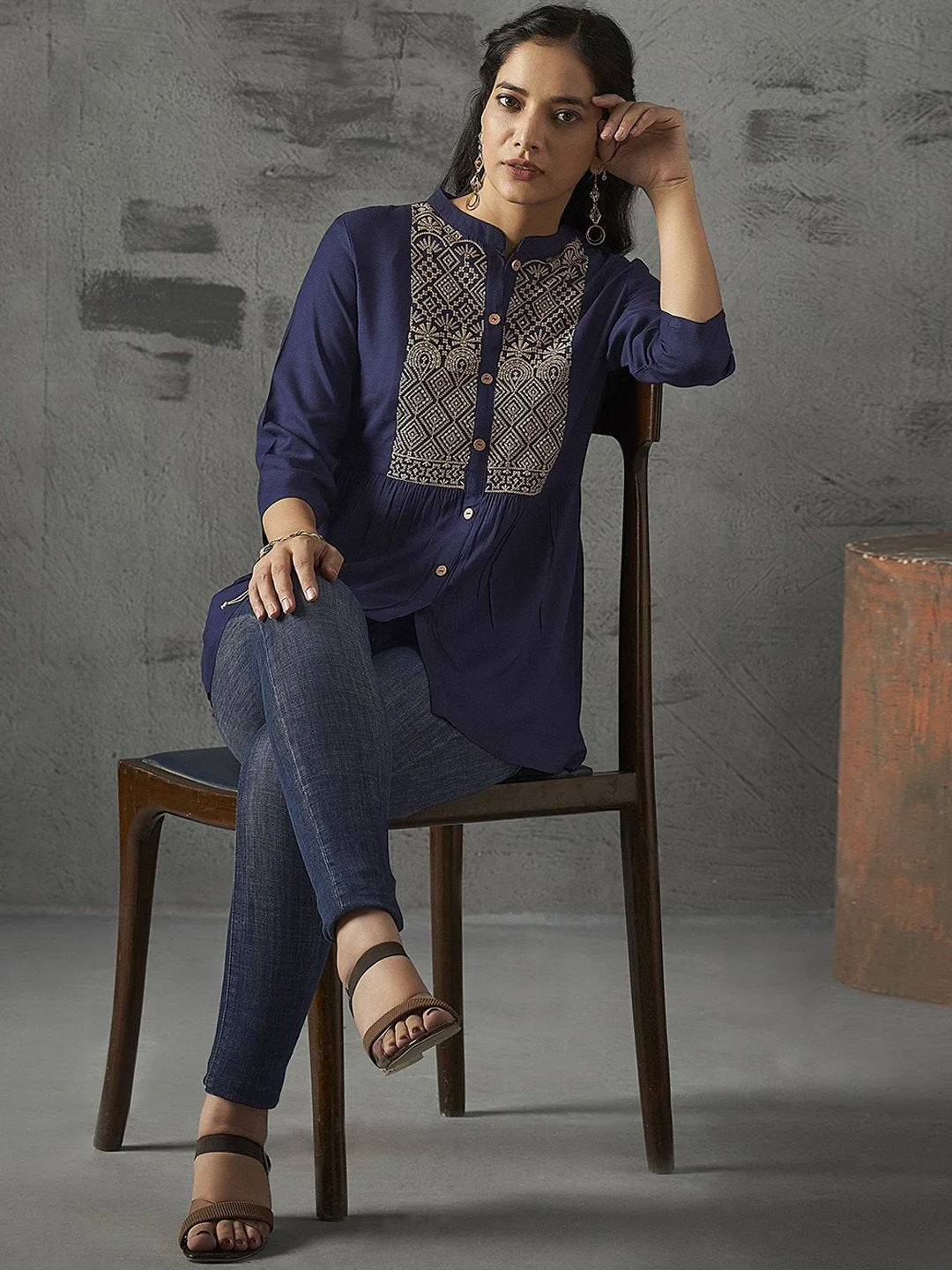 Navy Blue Ethnic Motifs Embroidered Short Kurti with Mandarin Collar