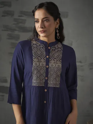 Navy Blue Ethnic Motifs Embroidered Short Kurti with Mandarin Collar