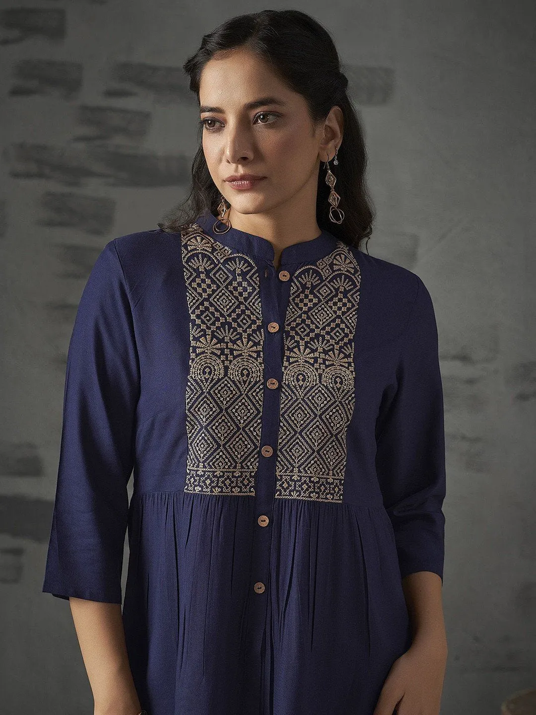 Navy Blue Ethnic Motifs Embroidered Short Kurti with Mandarin Collar