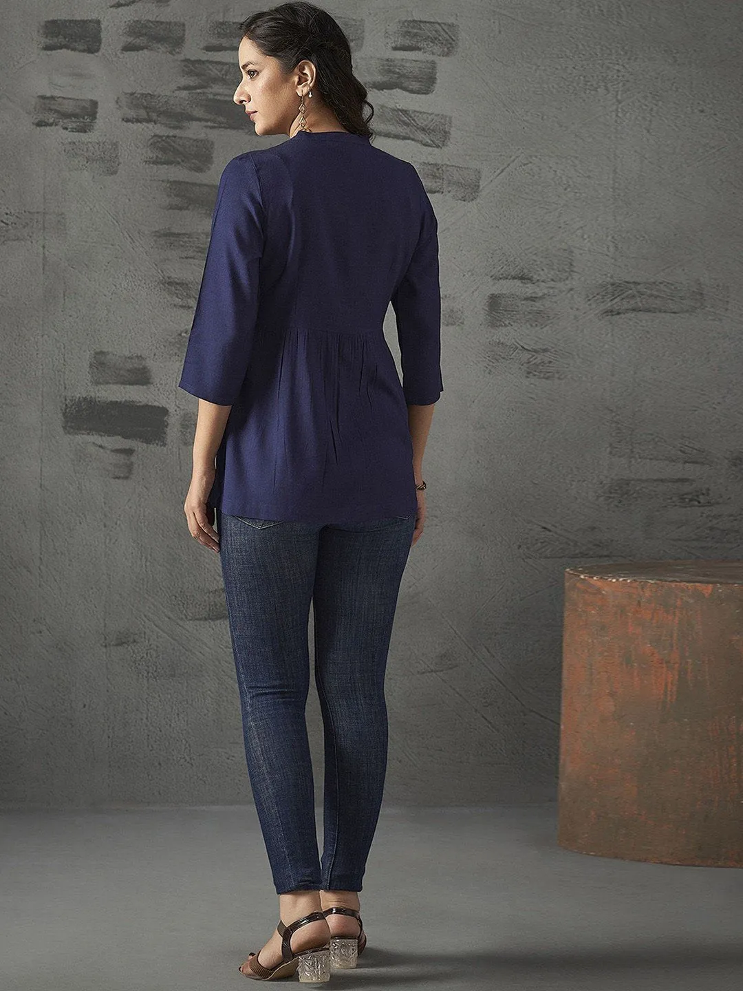 Navy Blue Ethnic Motifs Embroidered Short Kurti with Mandarin Collar