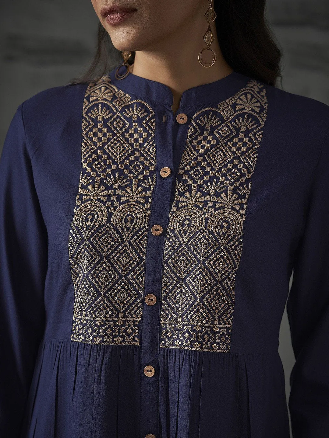 Navy Blue Ethnic Motifs Embroidered Short Kurti with Mandarin Collar