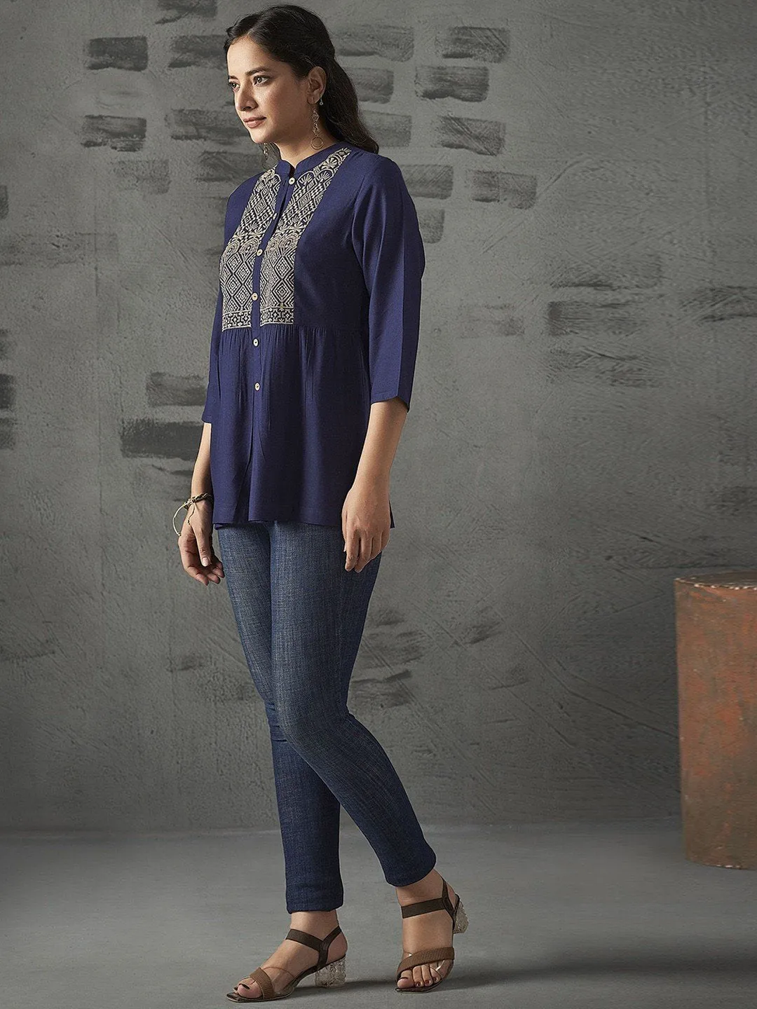 Navy Blue Ethnic Motifs Embroidered Short Kurti with Mandarin Collar