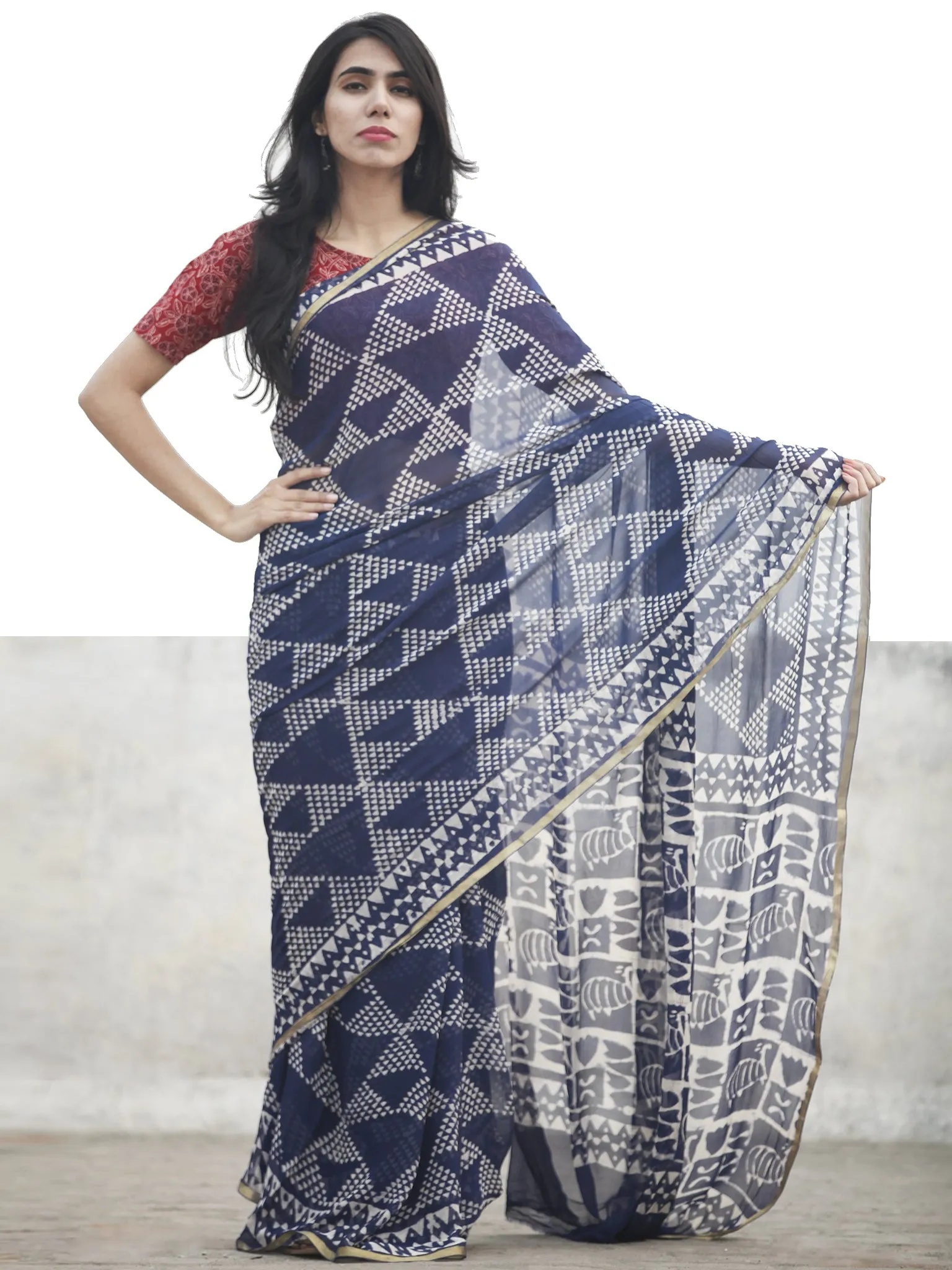 Navy Blue White Hand Block Printed Chiffon Saree With Zari Border - S031702612