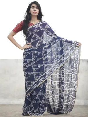 Navy Blue White Hand Block Printed Chiffon Saree With Zari Border - S031702612