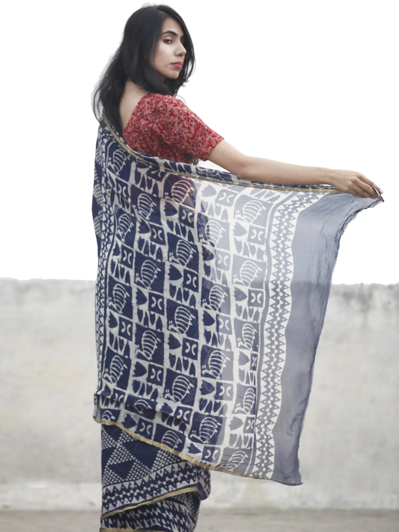 Navy Blue White Hand Block Printed Chiffon Saree With Zari Border - S031702612