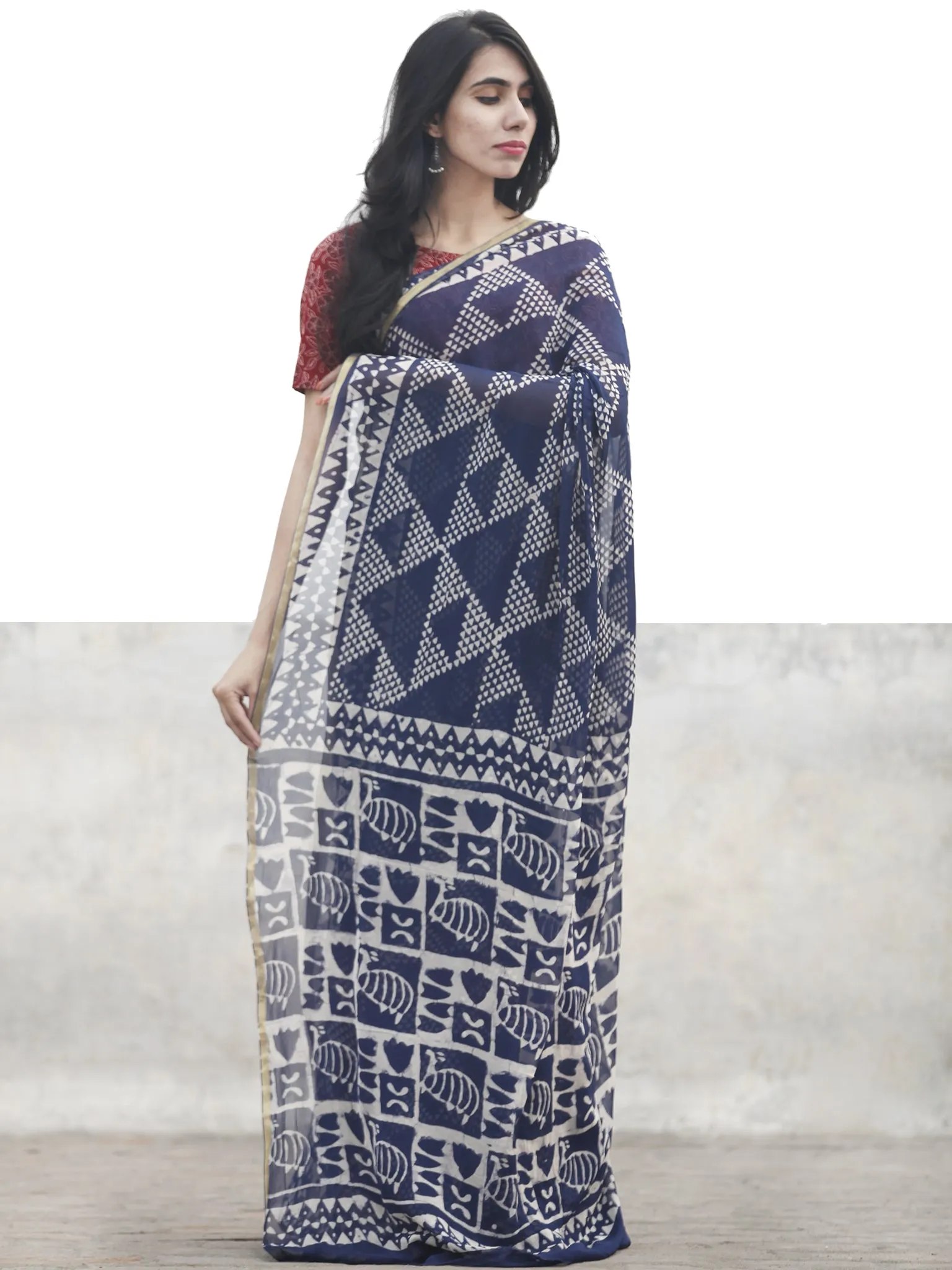 Navy Blue White Hand Block Printed Chiffon Saree With Zari Border - S031702612