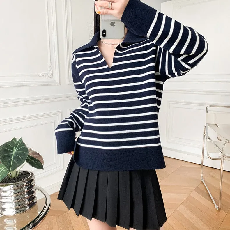 Navy Striped V Neck Sweater for Women
