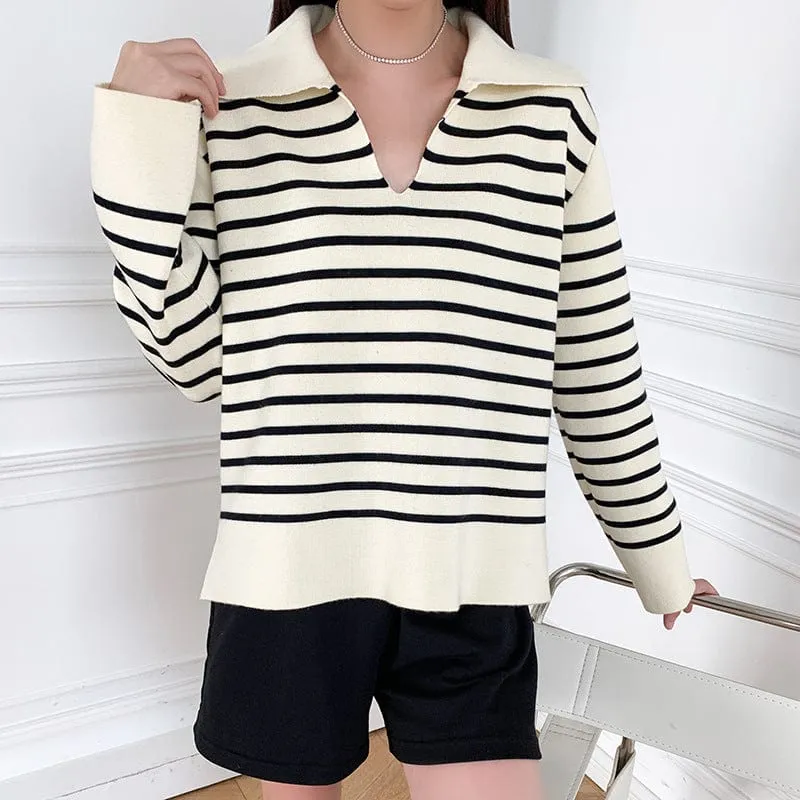 Navy Striped V Neck Sweater for Women
