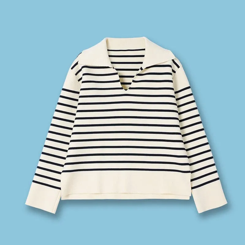 Navy Striped V Neck Sweater for Women