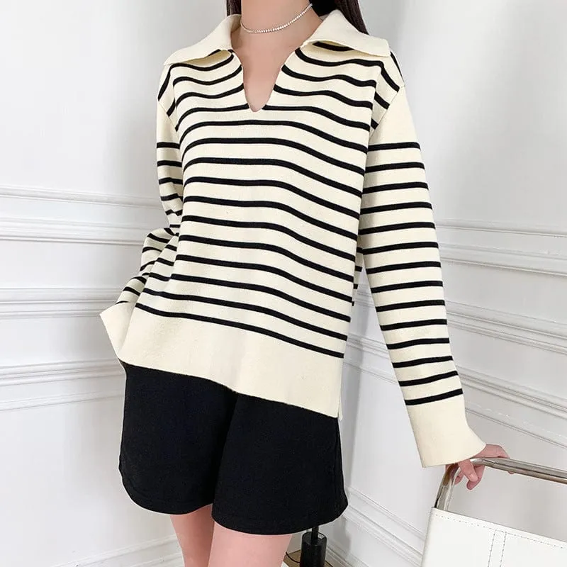 Navy Striped V Neck Sweater for Women