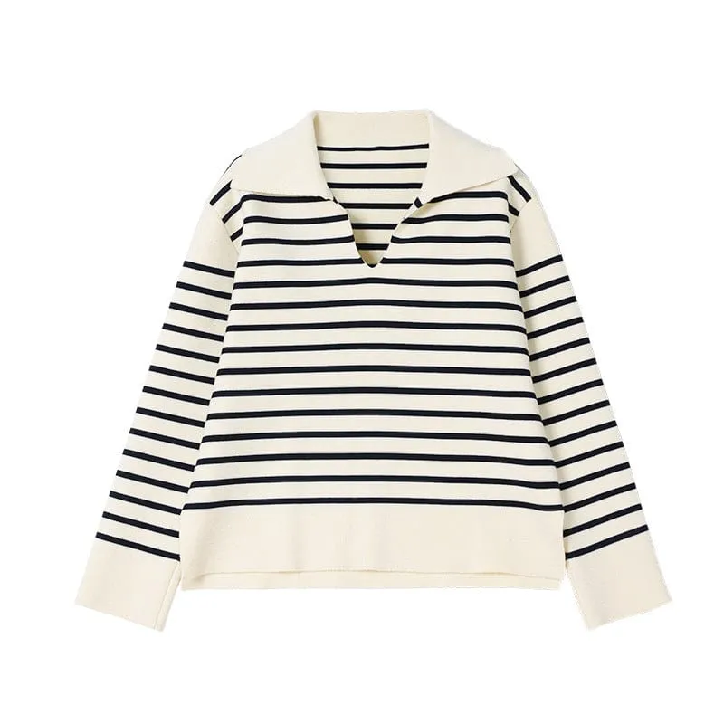 Navy Striped V Neck Sweater for Women
