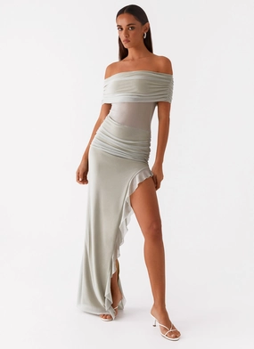 Romantic Hour Polished Style Nelly Off Shoulder Maxi Dress - Pistachio