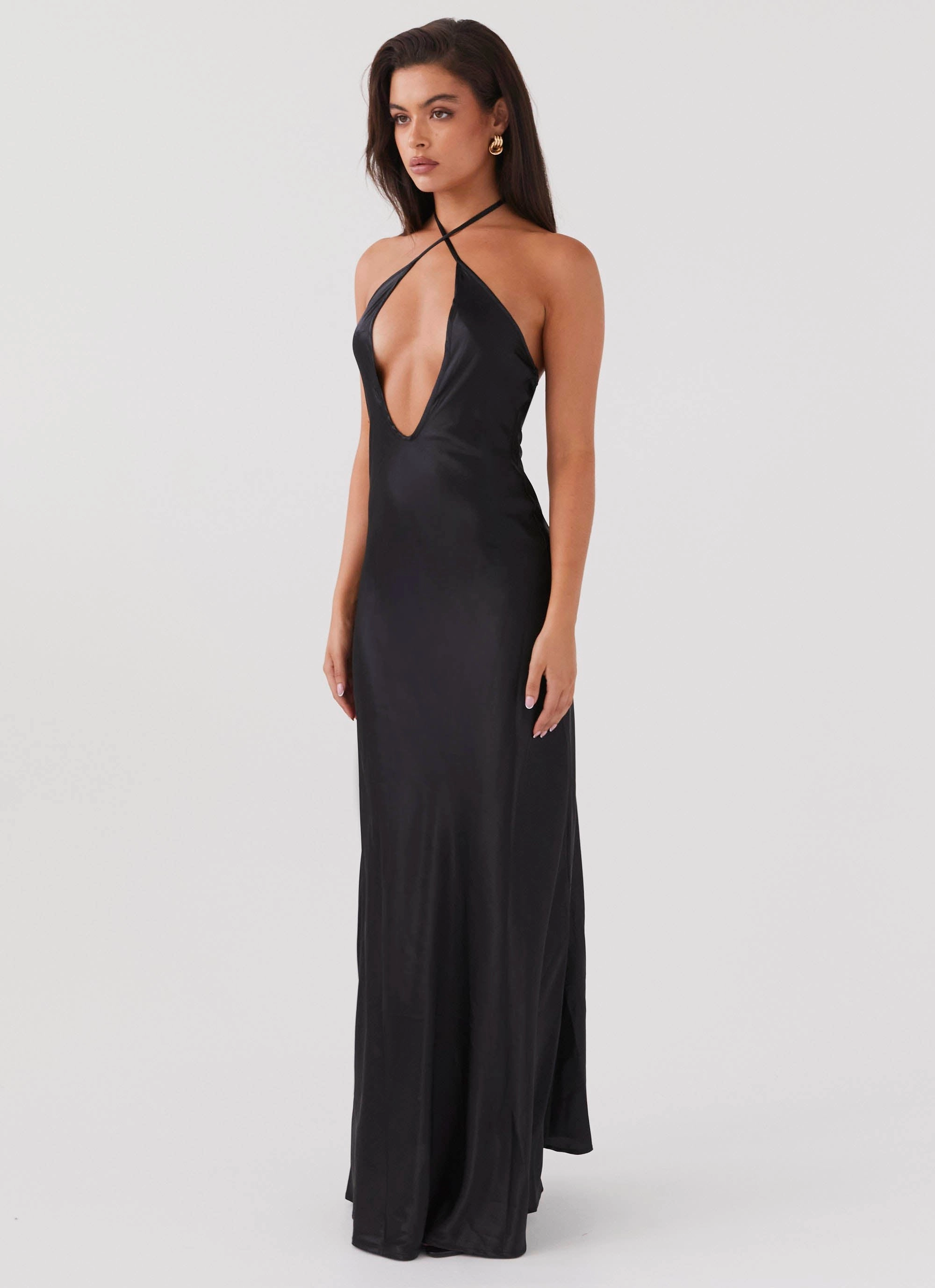 Water-Repellent-Finish Peplum-Style Noir Symphony Maxi Dress - Black
