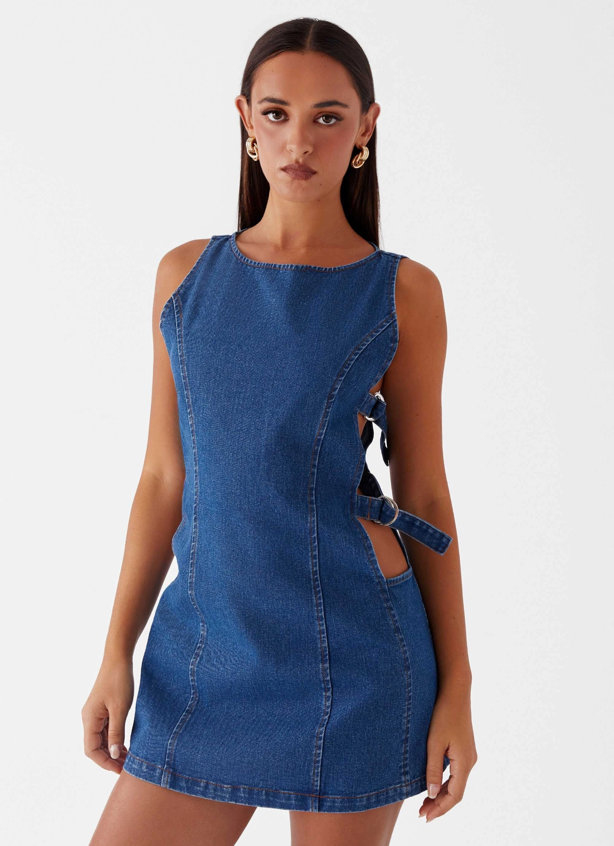 Cherish You Denim Mini Dress - Blue Denim Seamless Finish Autumn-Season