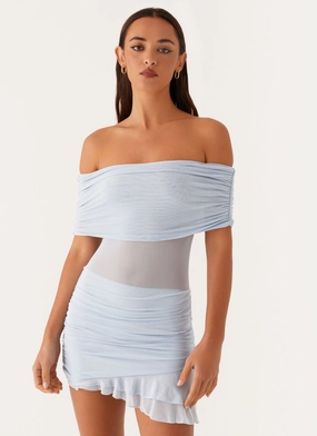 Nelly Off Shoulder Mini Dress - Blue Soft Layering Soft Drape