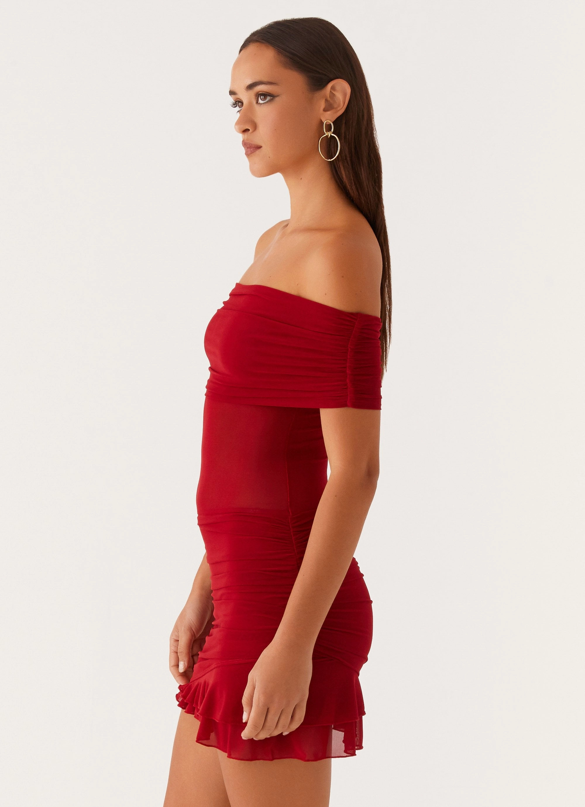 Drape Wave Nelly Off Shoulder Mini Dress - Deep Red