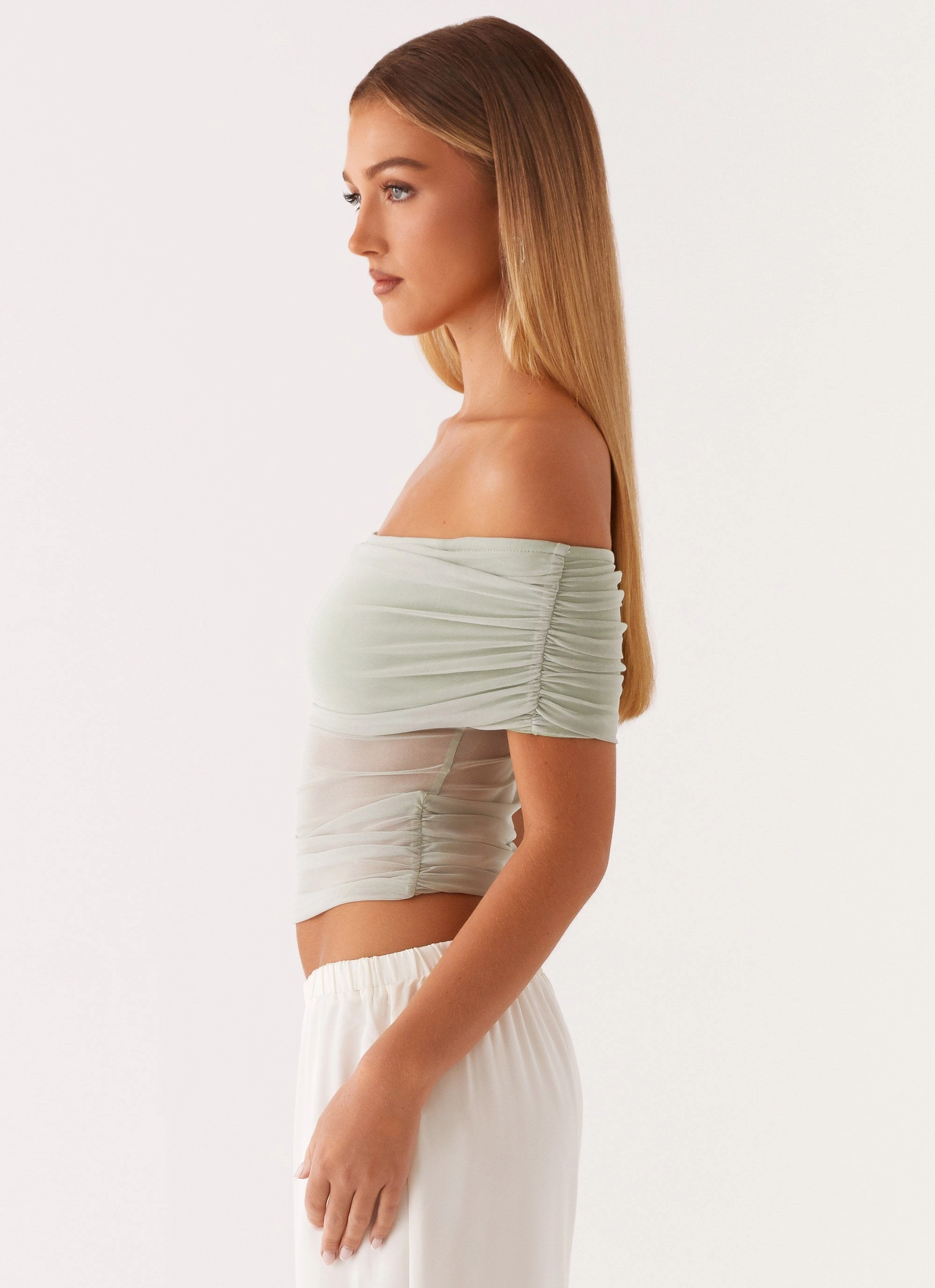 Flexible Neckline ZipClosure Nelly Off Shoulder Top - Pistachio