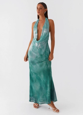 Sharp Fit Formal Style Nerissa Cowl Neck Maxi Dress - Green Tie Dye