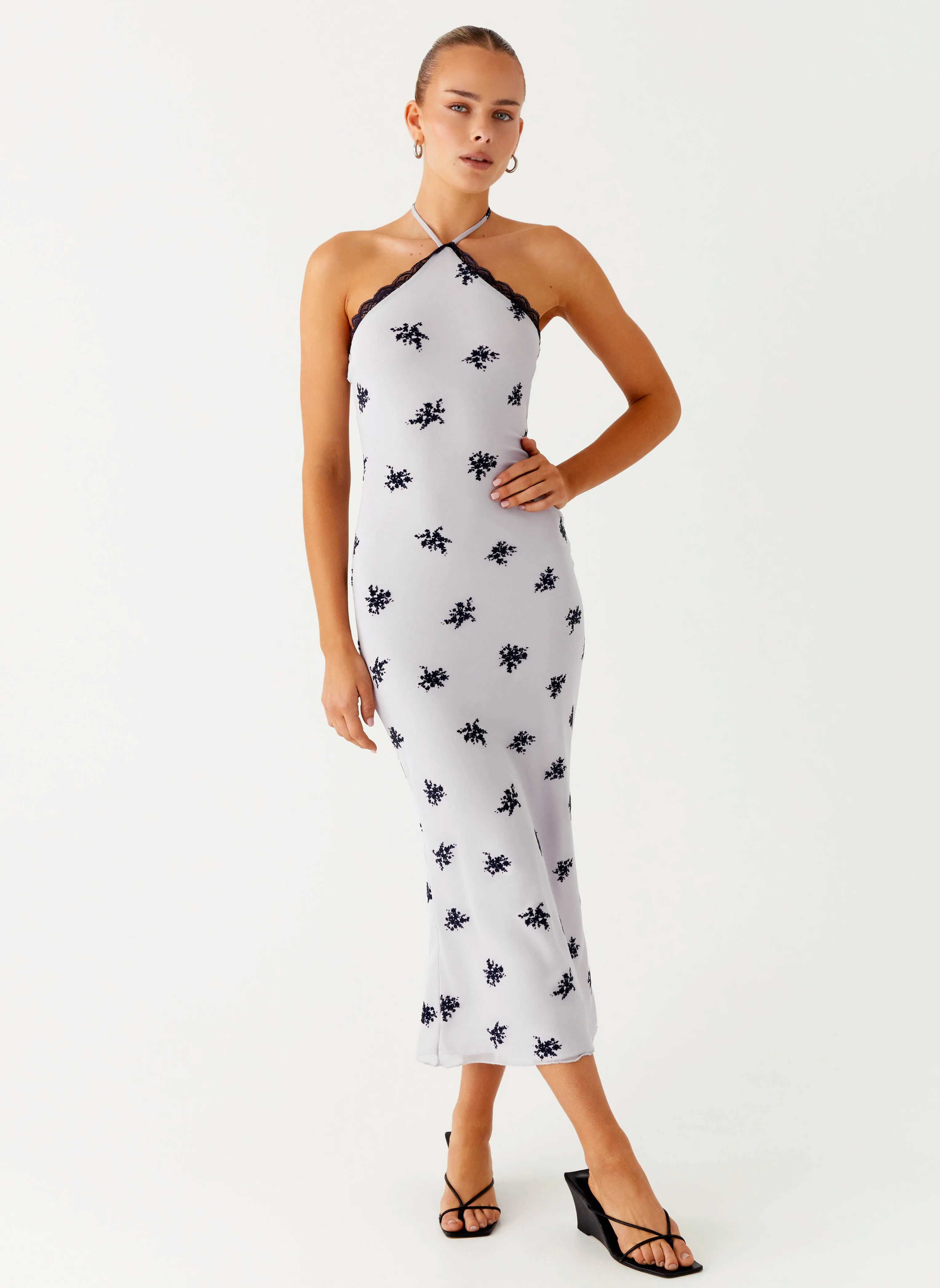 Nestel Flock Halter Midi Dress - Lilac Occasion Wear