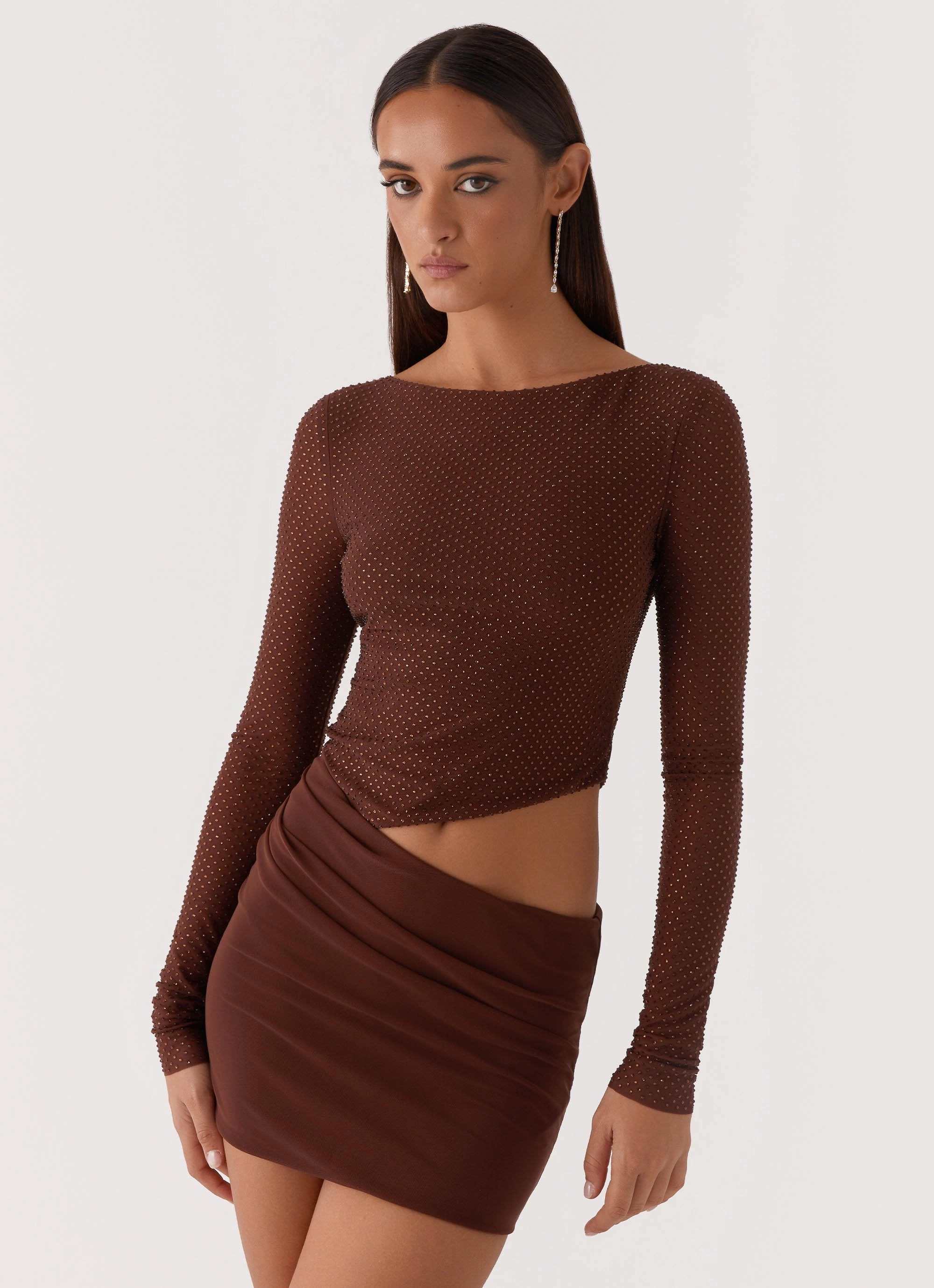 Catch The Night Sequin Mini Dress - Chocolate Wrap Charm Embroidered Fabric