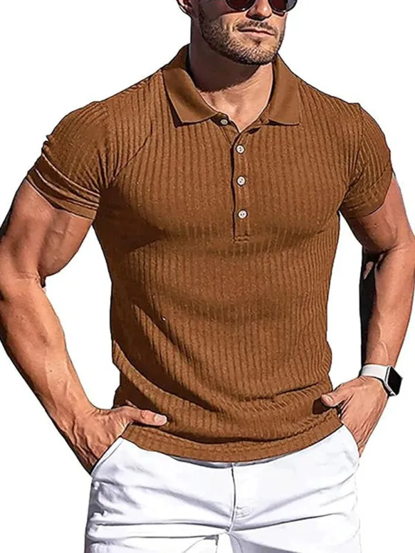 New Men's High Stretch Vertical Stripe Long Sleeve POLO Shirt Slim Fit Short Sleeve Polo Shirt