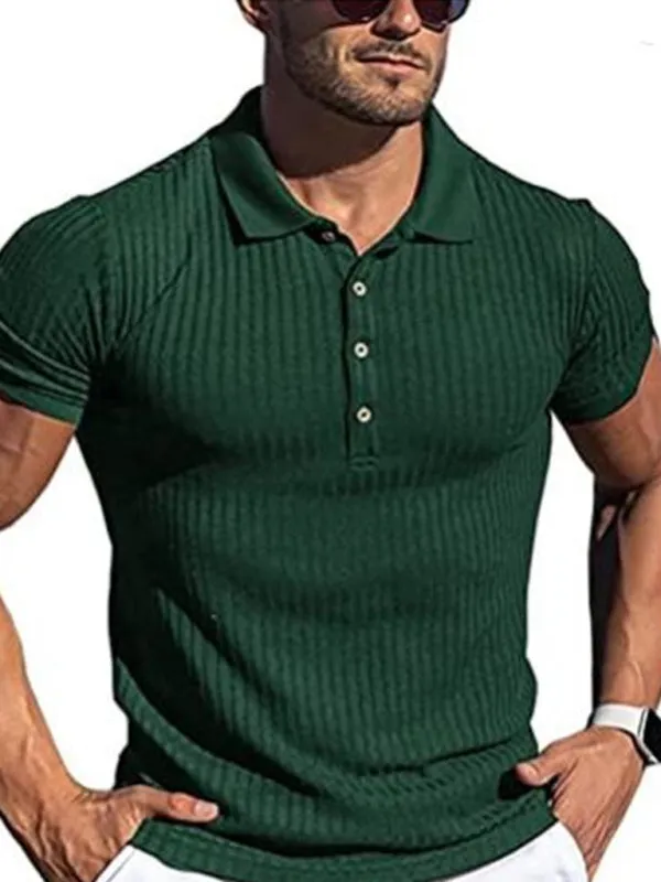 New Men's High Stretch Vertical Stripe Long Sleeve POLO Shirt Slim Fit Short Sleeve Polo Shirt