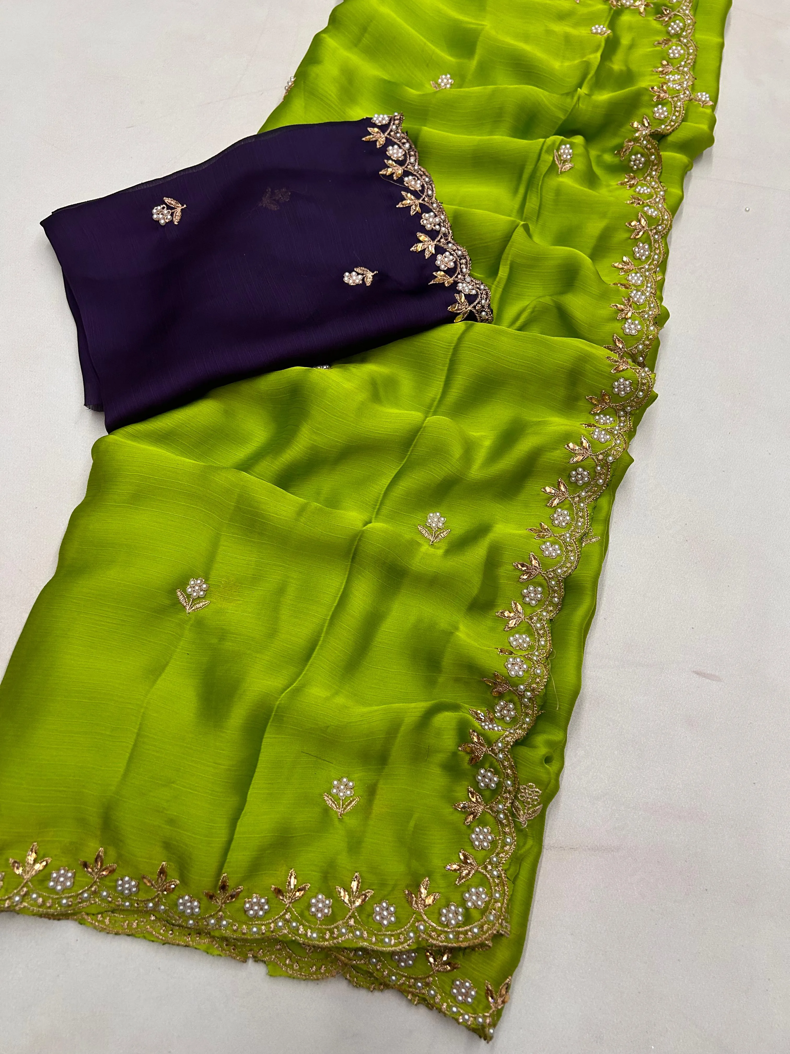 New Partywear Satin Chiffon Embroidery n Diamond Work Fancy Designer Saree With Blouse