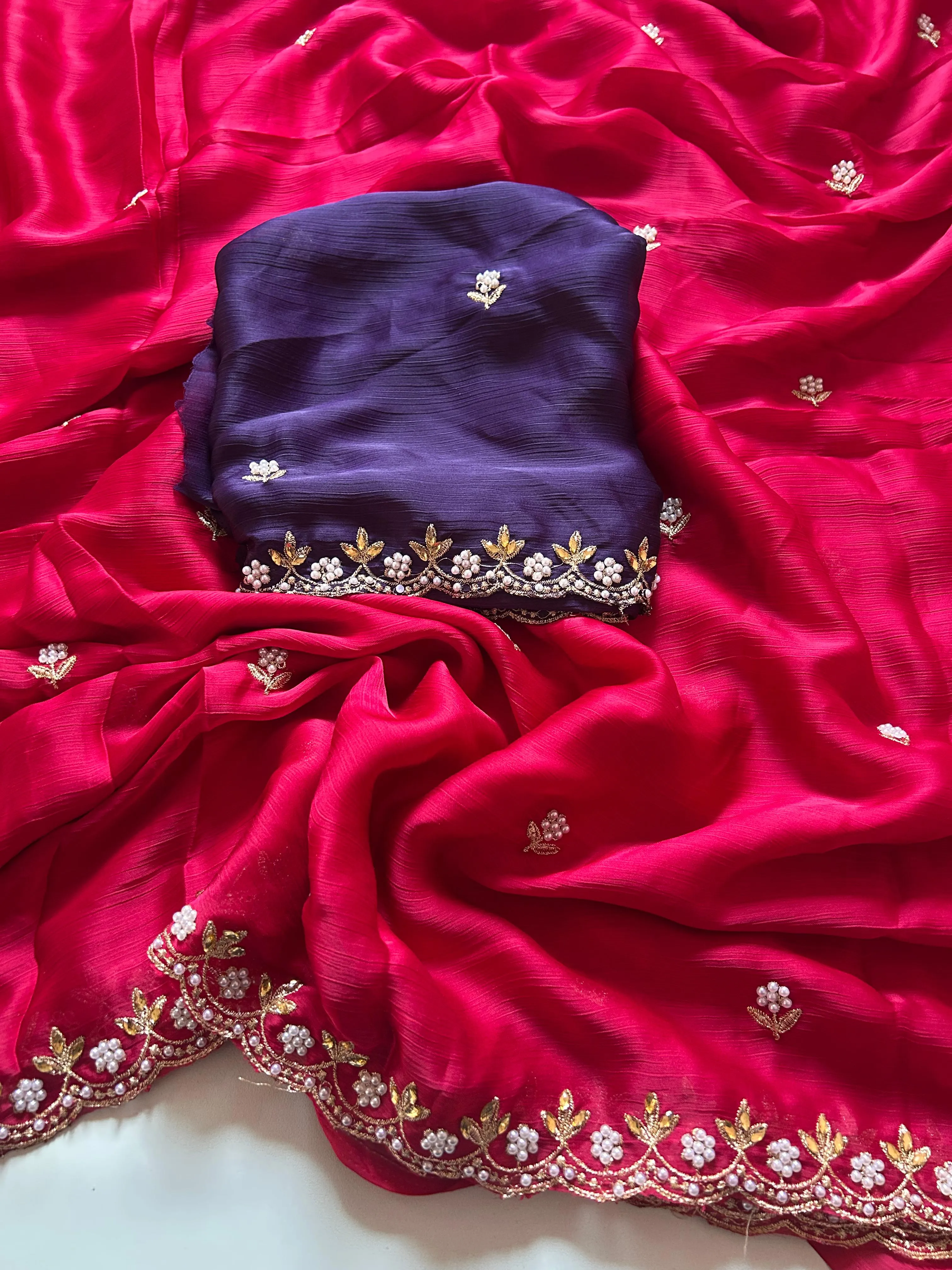 New Partywear Satin Chiffon Embroidery n Diamond Work Fancy Designer Saree With Blouse