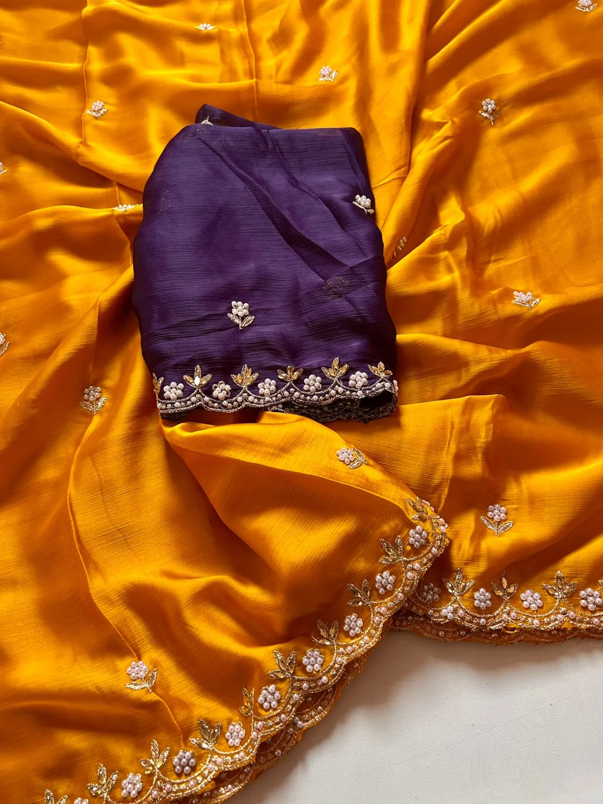 New Partywear Satin Chiffon Embroidery n Diamond Work Fancy Designer Saree With Blouse