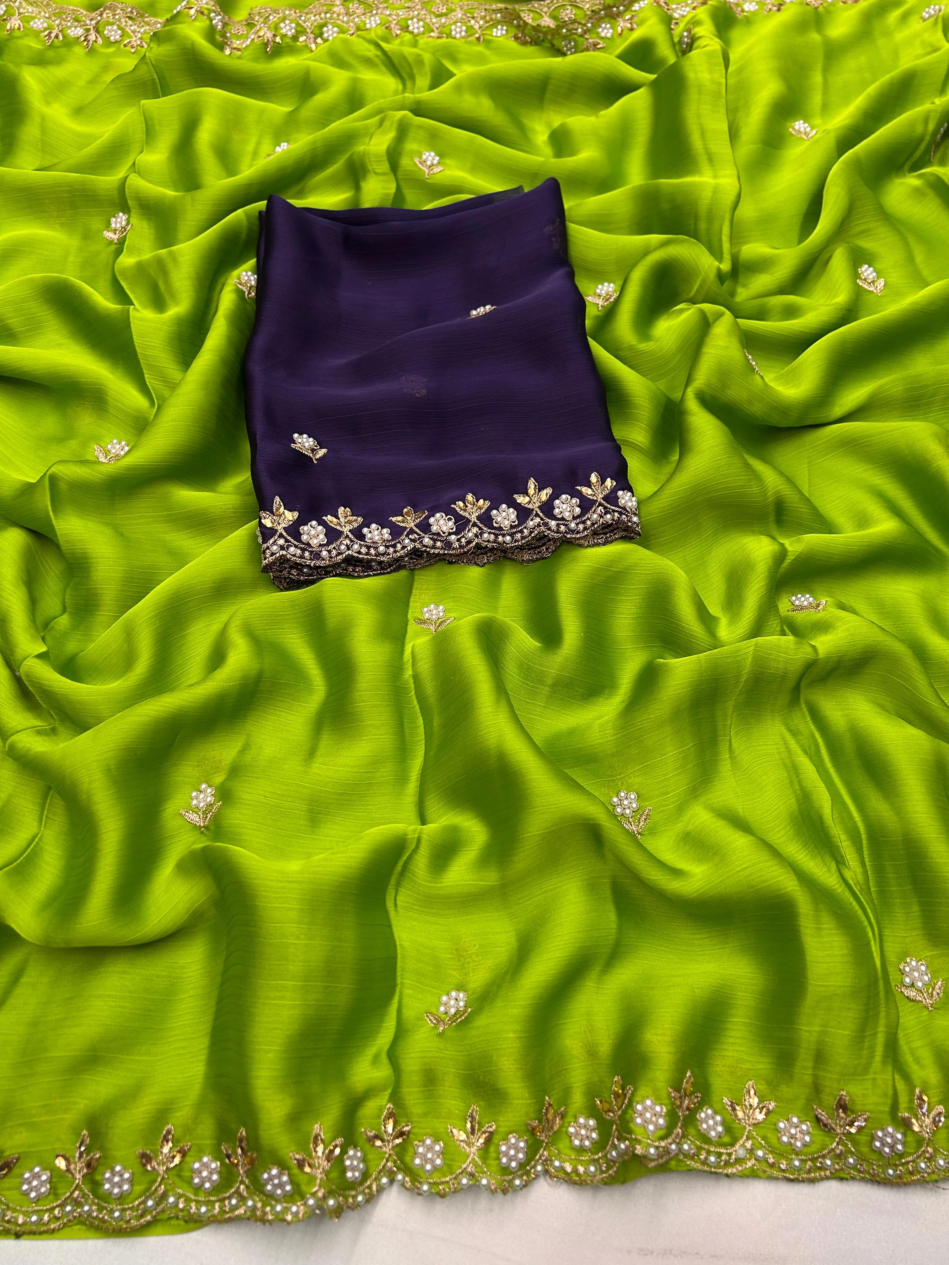 New Partywear Satin Chiffon Embroidery n Diamond Work Fancy Designer Saree With Blouse