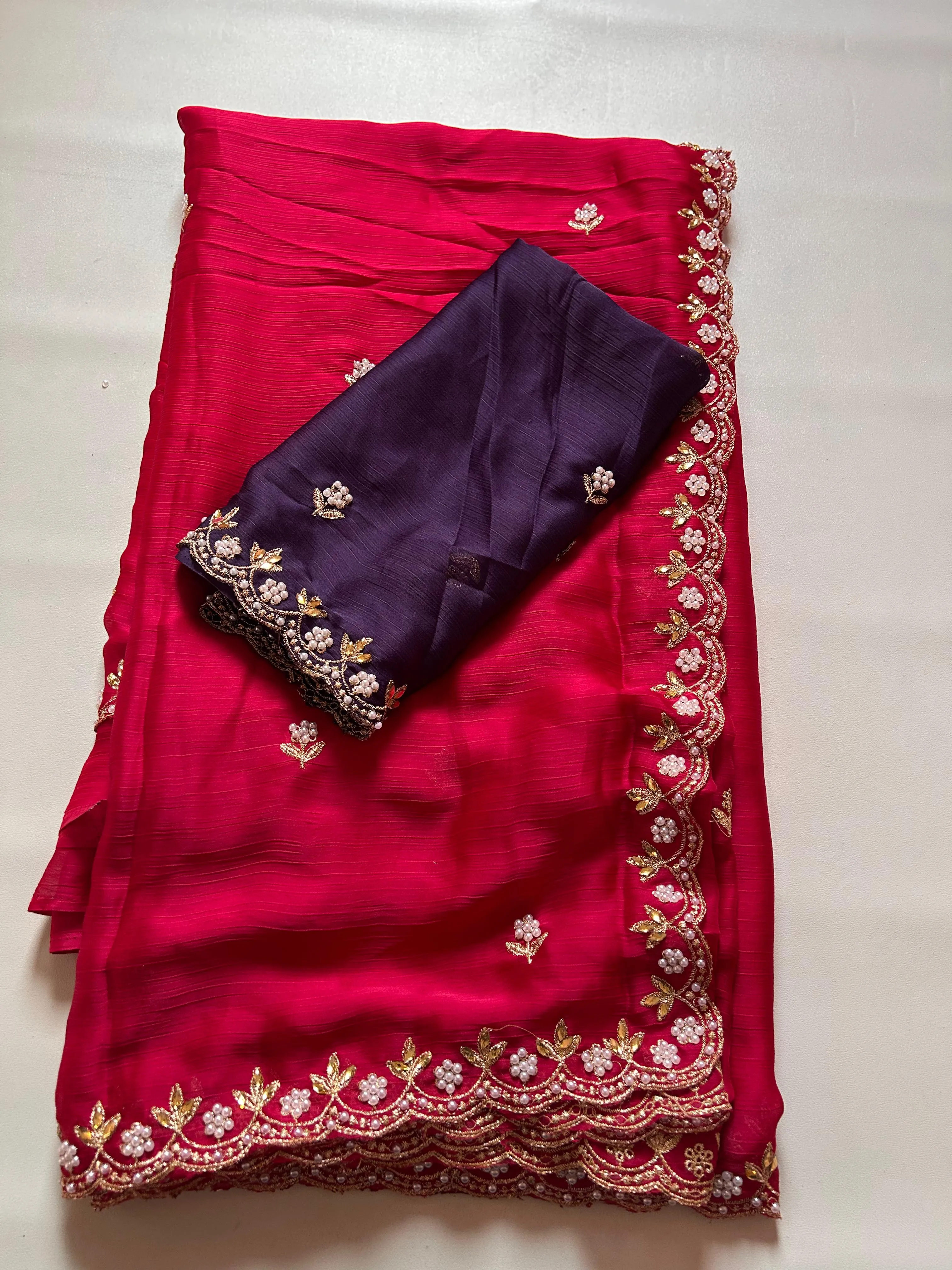 New Partywear Satin Chiffon Embroidery n Diamond Work Fancy Designer Saree With Blouse