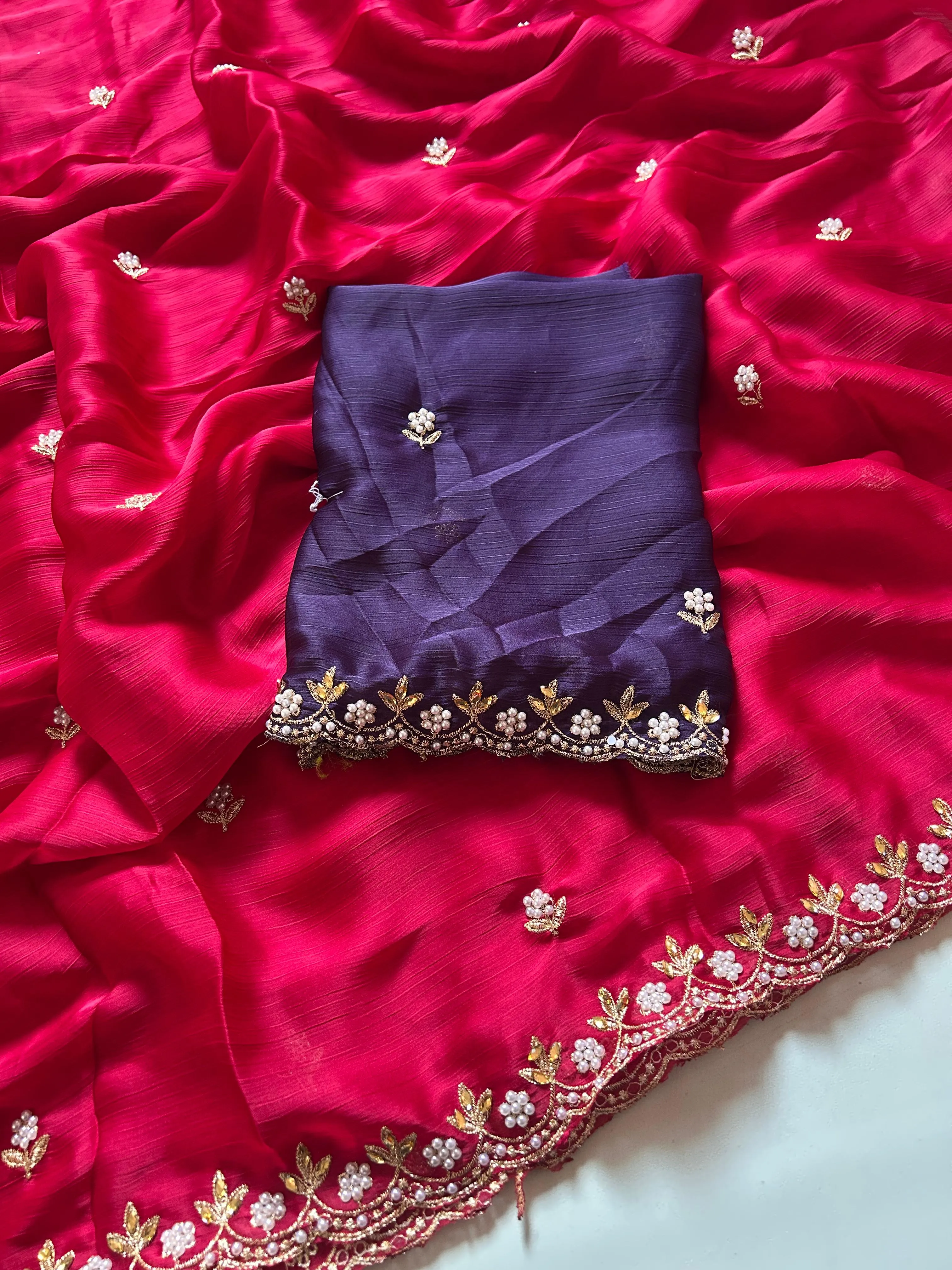 New Partywear Satin Chiffon Embroidery n Diamond Work Fancy Designer Saree With Blouse