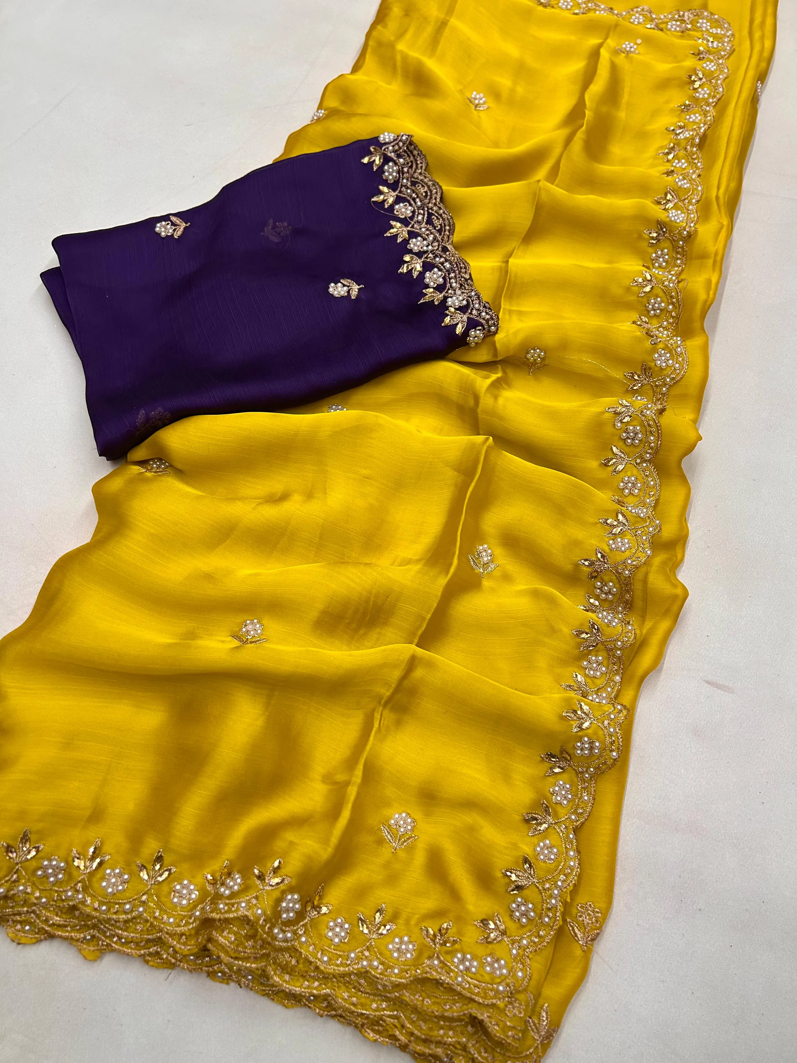 New Partywear Satin Chiffon Embroidery n Diamond Work Fancy Designer Saree With Blouse