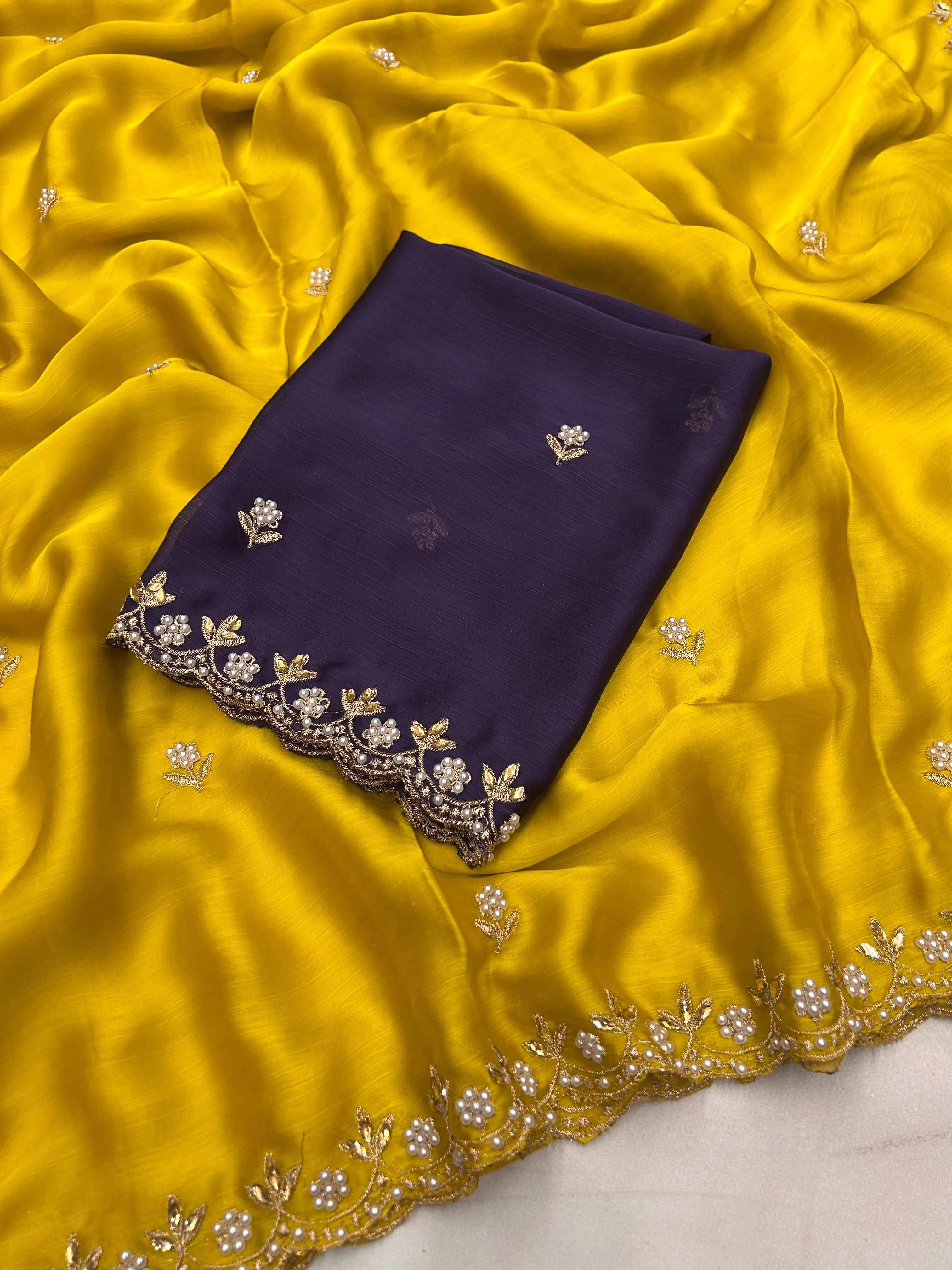 New Partywear Satin Chiffon Embroidery n Diamond Work Fancy Designer Saree With Blouse