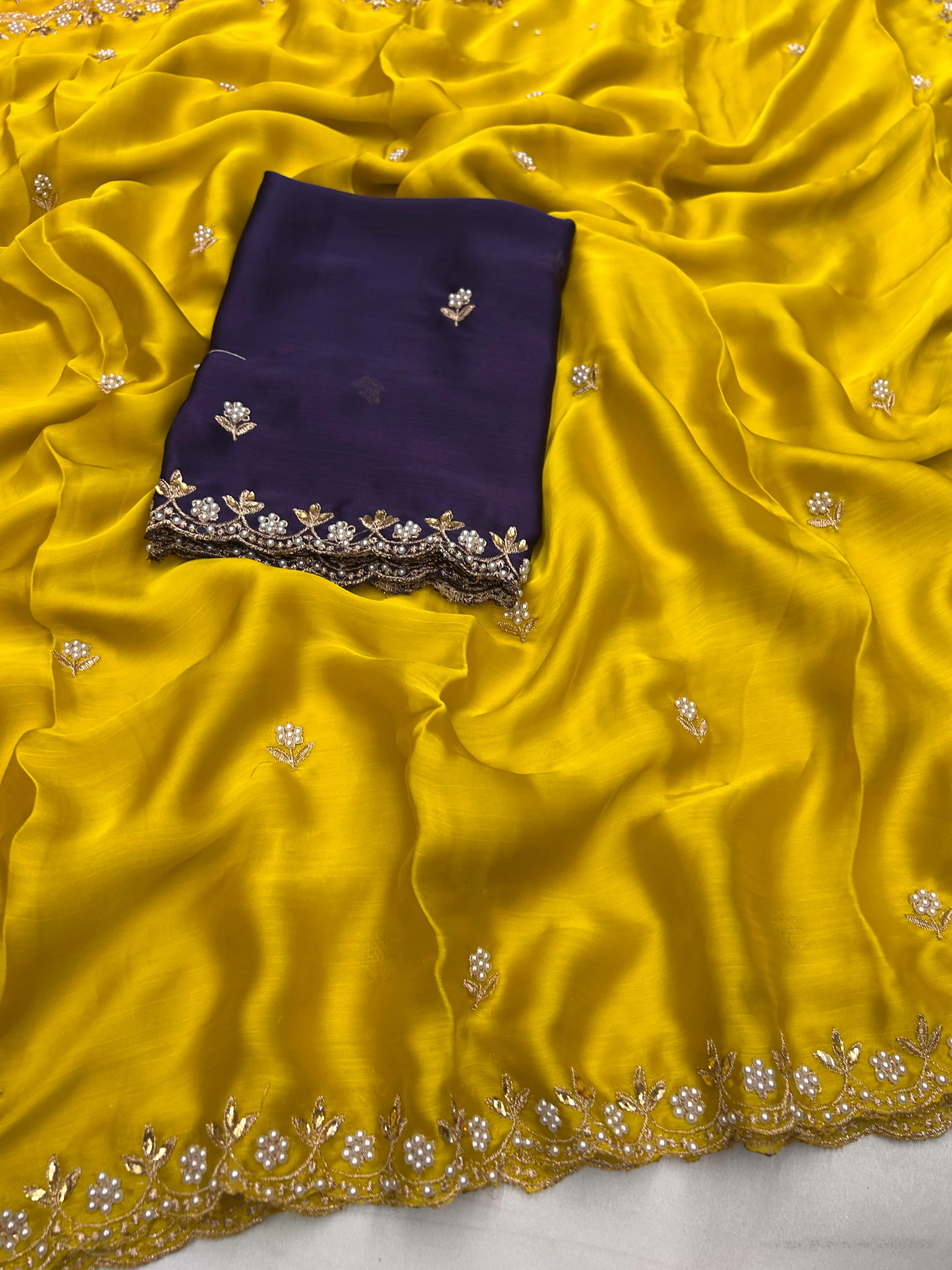 New Partywear Satin Chiffon Embroidery n Diamond Work Fancy Designer Saree With Blouse