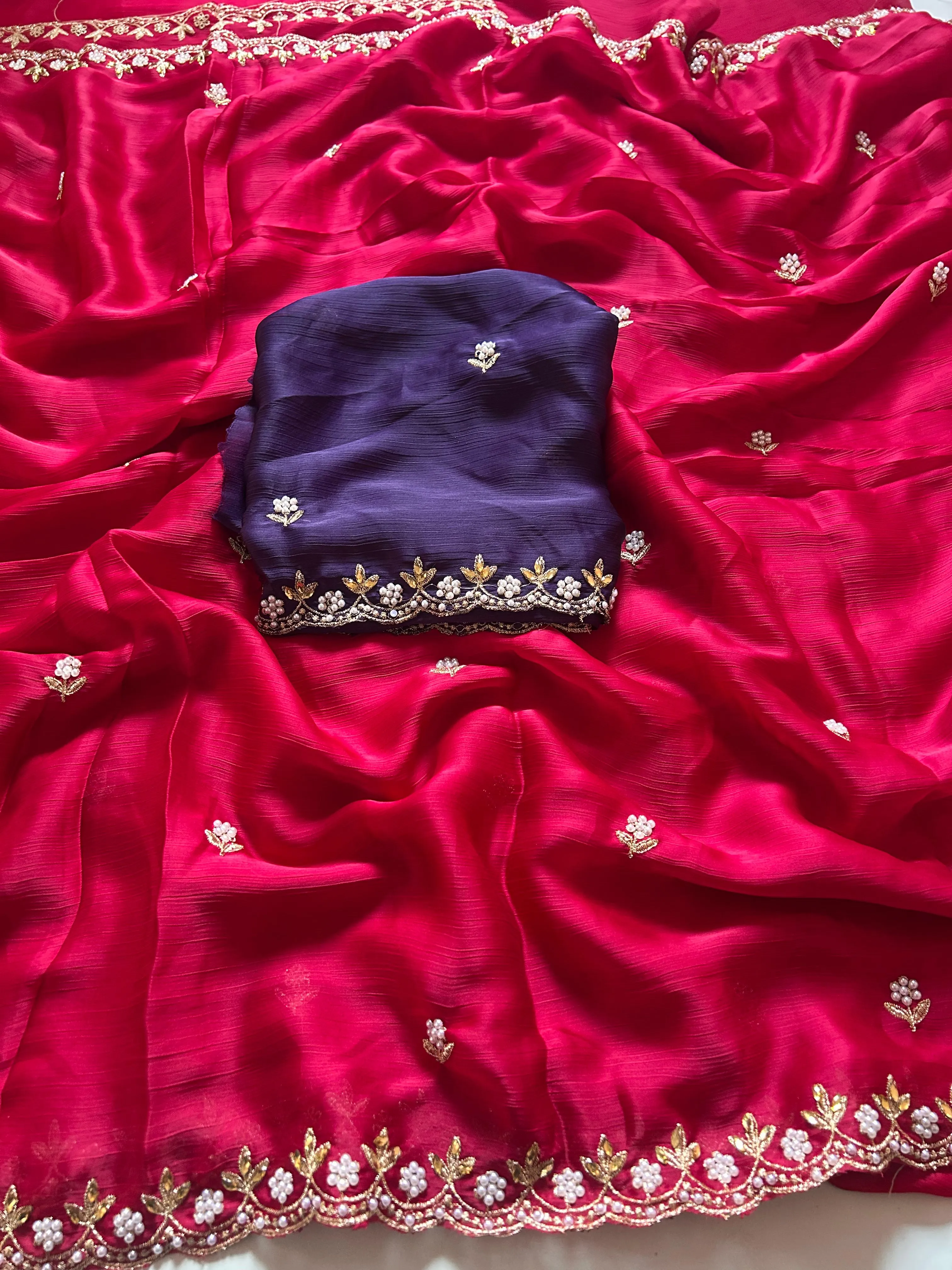 New Partywear Satin Chiffon Embroidery n Diamond Work Fancy Designer Saree With Blouse