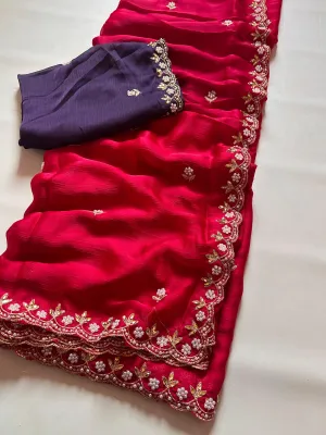 New Partywear Satin Chiffon Embroidery n Diamond Work Fancy Designer Saree With Blouse