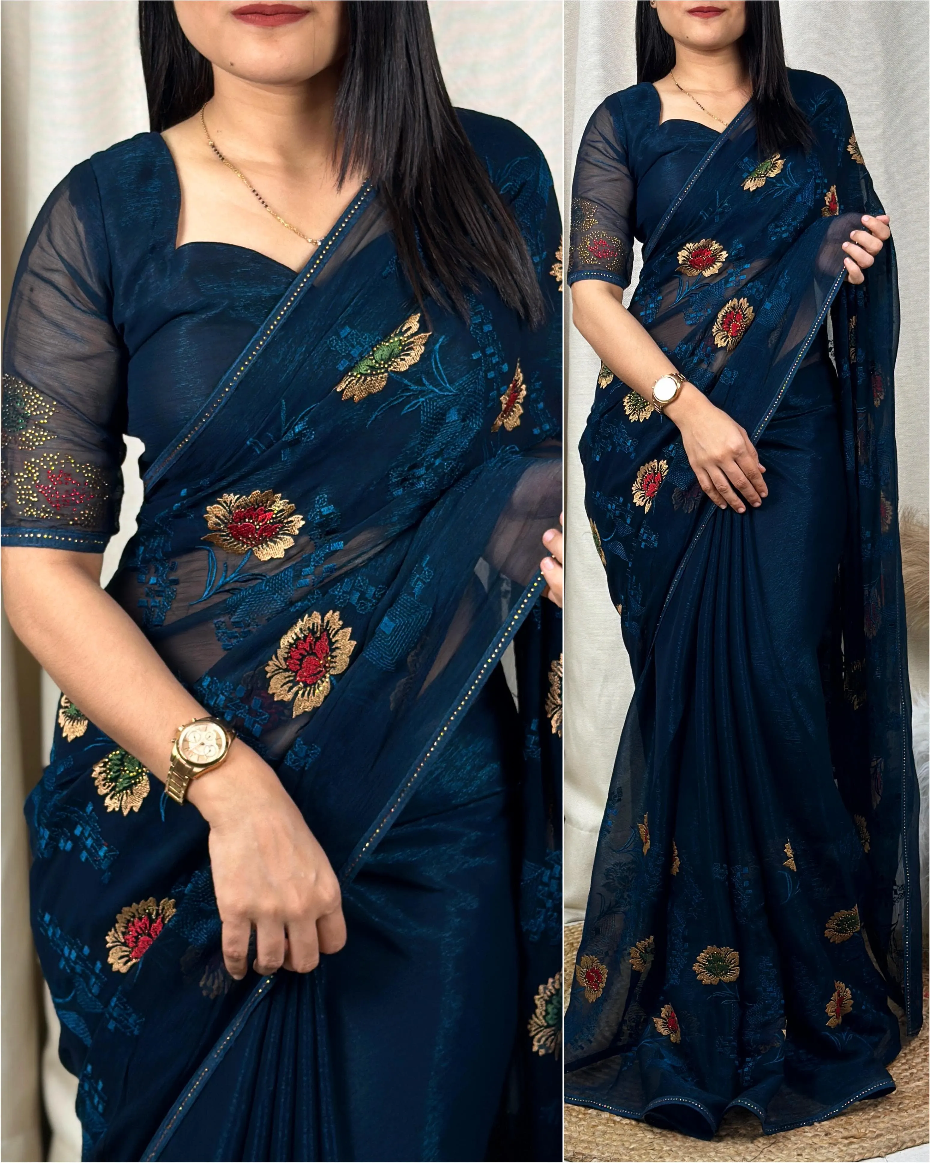 New Sitara Chiffon Siroski n Embroidery Work Fancy Designer Partywear Saree With Blouse