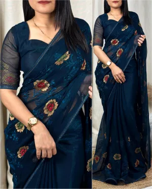 New Sitara Chiffon Siroski n Embroidery Work Fancy Designer Partywear Saree With Blouse