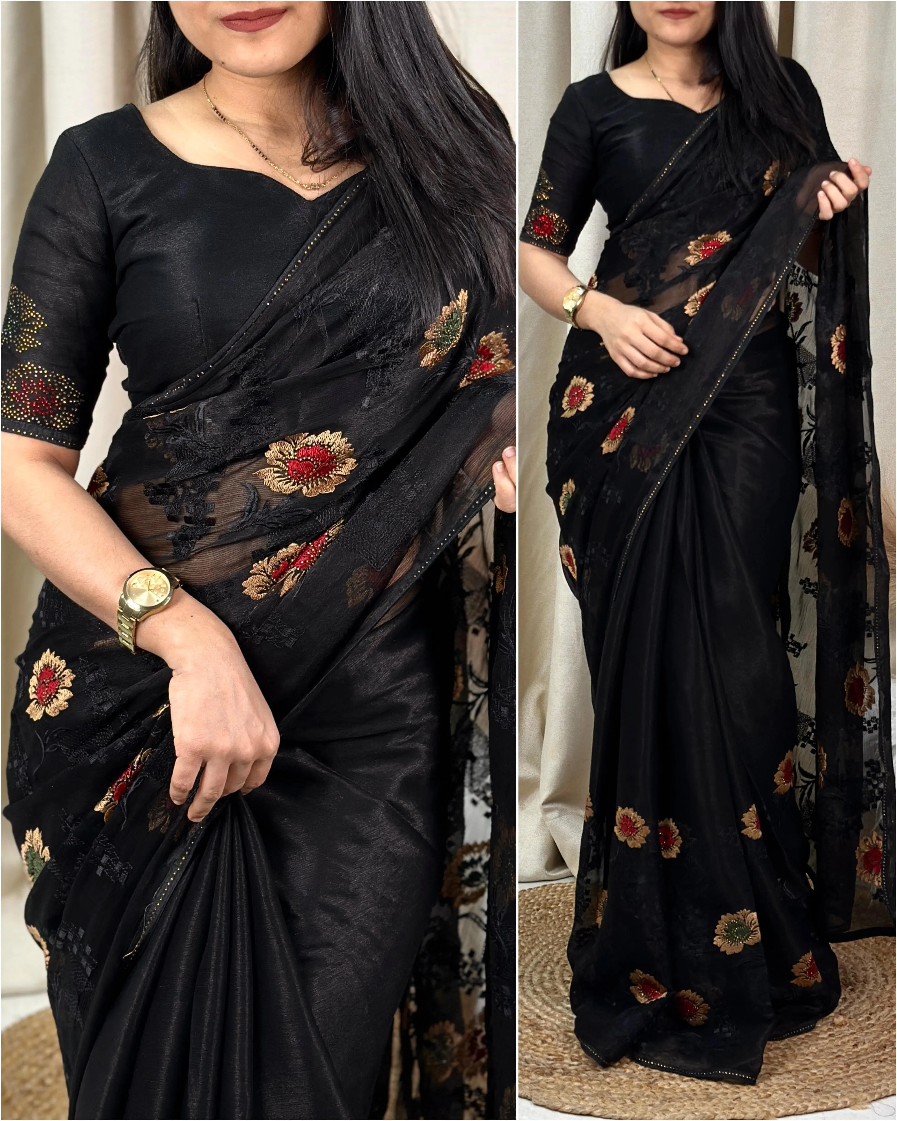 New Sitara Chiffon Siroski n Embroidery Work Fancy Designer Partywear Saree With Blouse