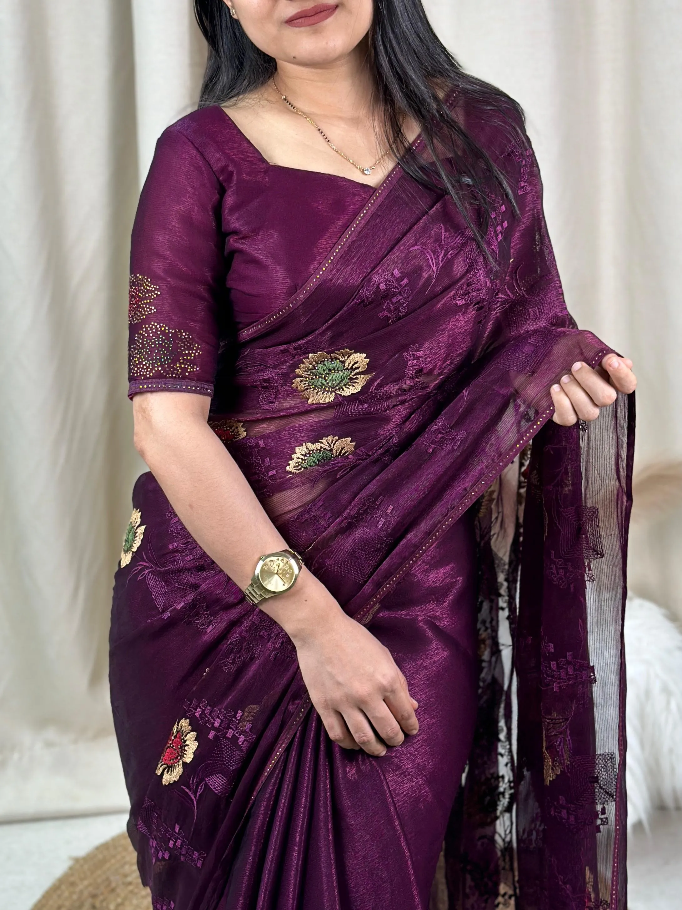 New Sitara Chiffon Siroski n Embroidery Work Fancy Designer Partywear Saree With Blouse