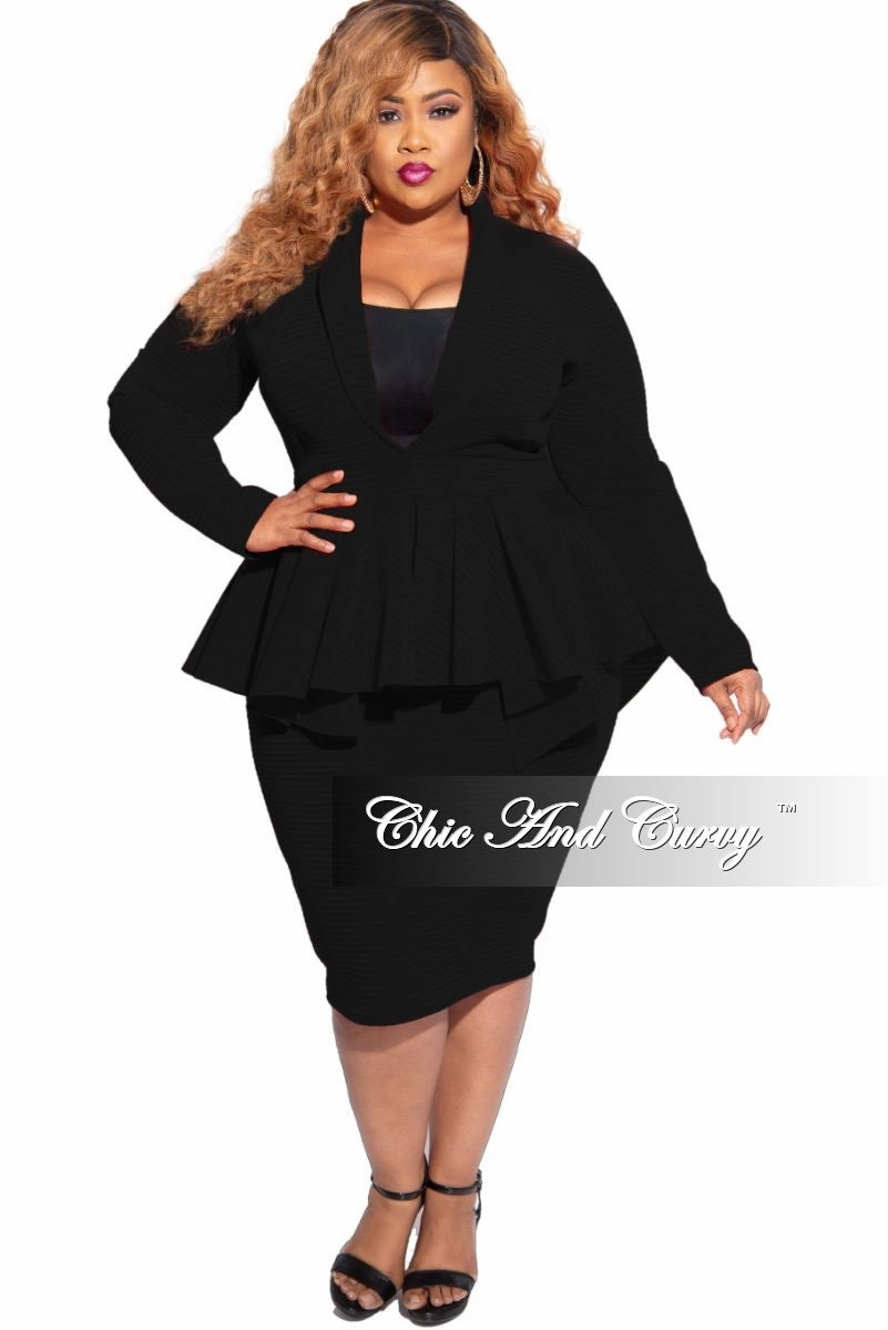New Plus Size Deep V Neck Peplum BodyCon Dress in Black Striped Scuba Fabric Breathable Stretch Packable Fit