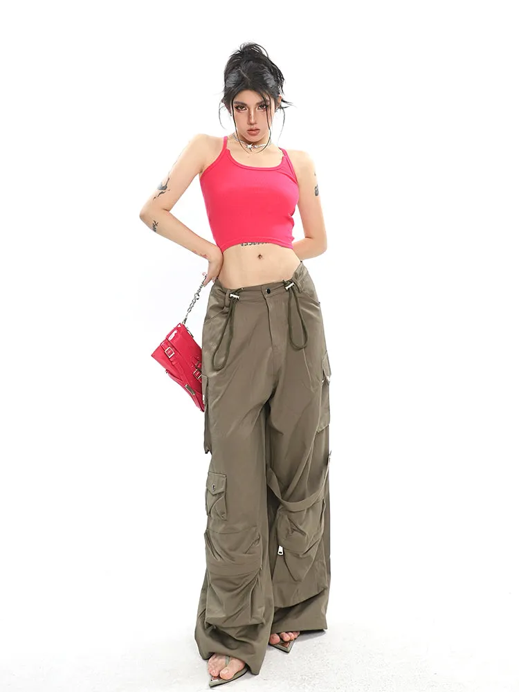 Nial Solid Color Army Green Multi Pocket Wide Leg Cargo Pants
