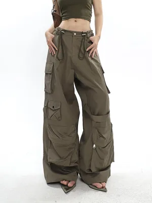 Nial Solid Color Army Green Multi Pocket Wide Leg Cargo Pants