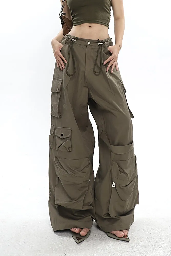 Nial Solid Color Army Green Multi Pocket Wide Leg Cargo Pants